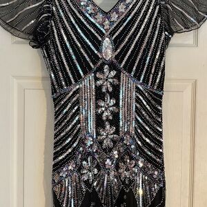 Fundaisy Black Sequin Dress Size S  Fringe Bottom Rhinestones Flapper Halloween